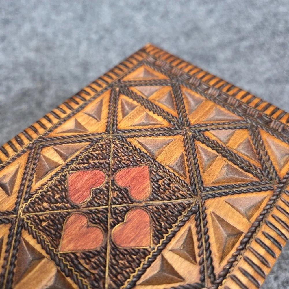 Vintage Wooden Hand Carved Polish Trinket Jewelry Storage Box Made In Poland